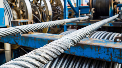 Industrial Elevator Cable Mechanism with Silver Surface and Braided Wires on Blue Frame, Pulled by Heavy Equipment with Large Wheels, Adjacent to Stainless Steel Drum
