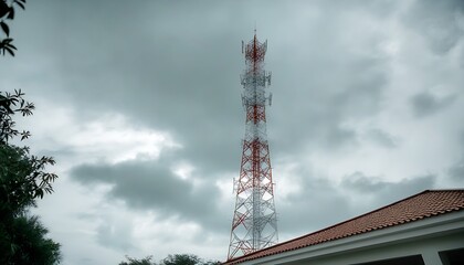 Vertical shot of a techy cell tower under cloudy sky