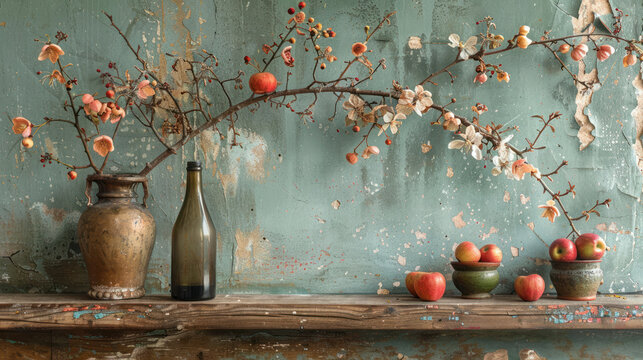 still life with three old bottles, apple branches and small apples, 