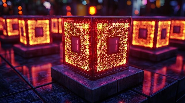 Glowing QR Code Parcel Boxes Scanned by Digital Devices in Modern Distribution Center