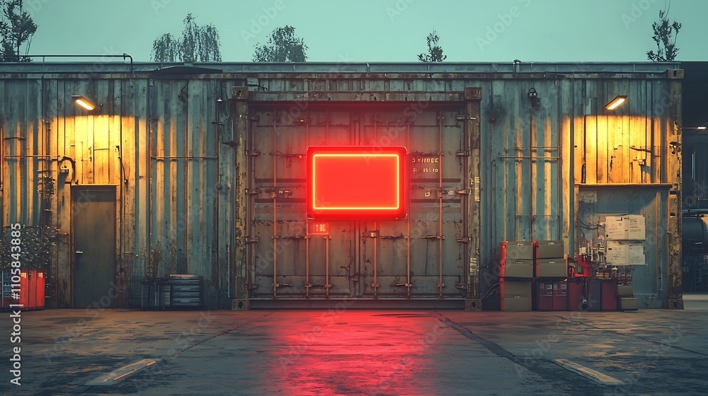 Poster futuristic shipping container with robotic drones sorting and stacking parcels in high tech warehous