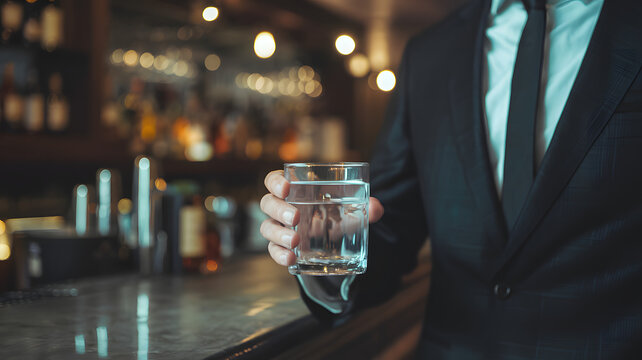 Man in suit holding glass of water, symbolizing sobriety and alcohol safety, amidst bar counter with empty alcohol bottles.