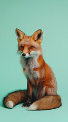 Fototapeta premium A beautifully crafted illustration of a fox sitting gracefully against a teal backdrop. The furry details and vibrant colors highlight natures artistry.