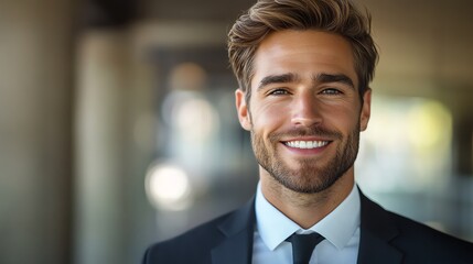 Fototapeta premium Smiling man in a suit, professional portrait with a friendly demeanor