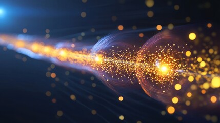 Fototapeta premium An imaginative depiction of quantum teleportation, with entangled particles glowing as they form instantaneous connections across space