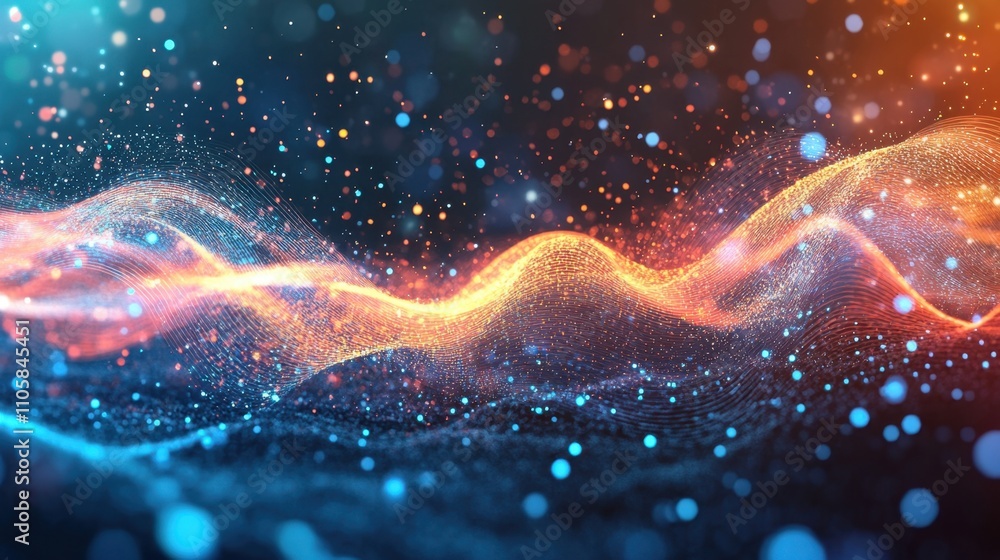 Poster an imaginative quantum simulation with vibrant waves and particle interactions, symbolizing complex 