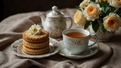 Fototapeta premium Cozy tea setting with layered pastry, cookies, and flowers.