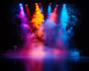 Fototapeta premium Smoke-filled stage lit by dynamic colorful beams, dramatic and ready for a performance