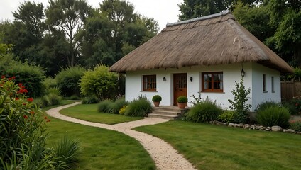 Cozy thatched-roof house in a peaceful setting.