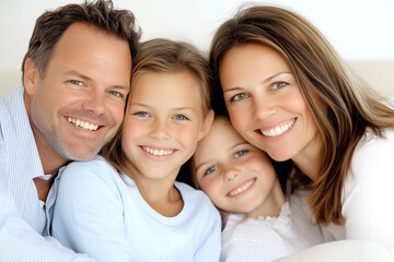 Fototapeta premium A happy family portrait featuring parents and their two young daughters smiling warmly while sitting together on a couch. 