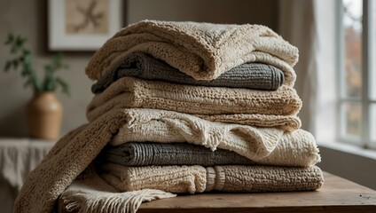 Cozy winter blankets in neutral colors.