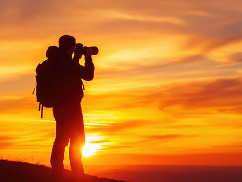 Silhouette of a photographer capturing a stunning sunset on a hill, with vibrant orange and yellow hues painting the sky. - Powered by Adobe