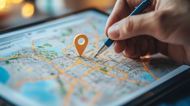 A hand skillfully marking a specific location on a digital map with a stylus for precise and accurate navigation
