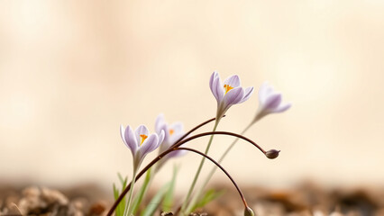 Crocus flowers on thin branches in early spring,  botanical photography., crocus