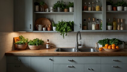 Cozy winter kitchen with herbs and fresh vegetables.