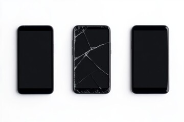 Naklejka premium Three smartphones displaying modern and damaged screens on white background