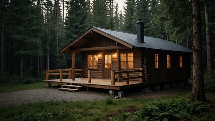 Cozy wooden cabin in a serene forest.