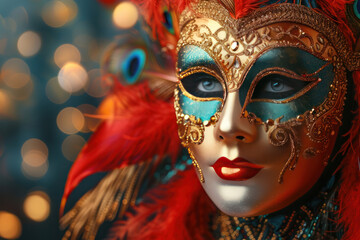 Obraz premium close-up of a person's face wearing a carnival mask decorated with gold and emerald patterns. 
