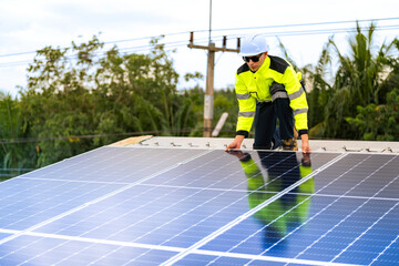 A skilled technician adjusts a solar panel on rooftop, emphasizing the transition to sustainable energy. Equipped with safety gear, the worker demonstrates precision in renewable energy installations.