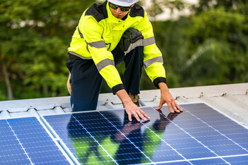 A skilled technician adjusts a solar panel on rooftop, emphasizing the transition to sustainable...
