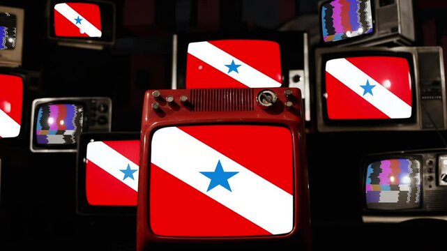 Brazilian Par&aacute; State Flag Displayed on Stacked Vintage Televisions - 4K