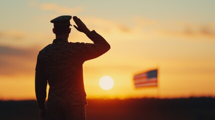 Veteran soldier saluting at sunset outdoor military tribute emotional landscape heroic viewpoint honoring sacrifice concept