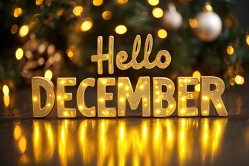 Hello December.Christmas decoration.Winter holidays concept.