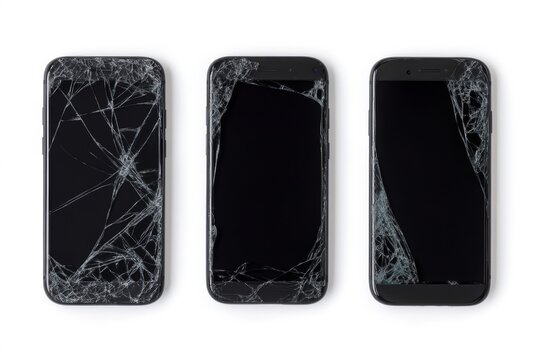 Trio of cracked smartphones displaying shattered screens against white background