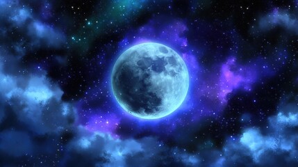 Fototapeta premium Ethereal Night Sky with a Bright Full Moon and Spectacular Starry Background in Vibrant Purple and Blue Hues Displaying Cosmic Beauty and Wonder