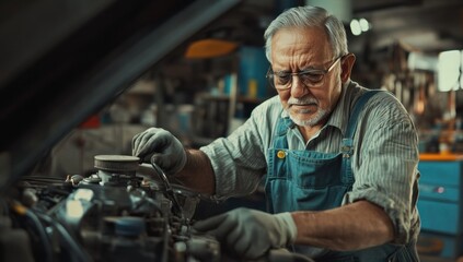 Skilled mechanic working on an engine in a busy workshop