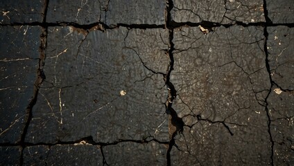 Obraz premium Cracked and weathered asphalt surface up close.