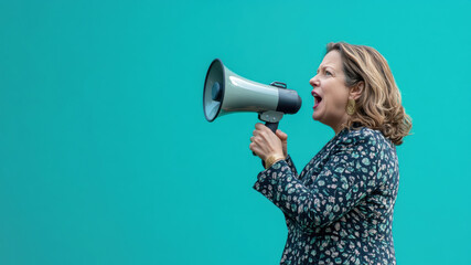 Woman passionately speaking with a megaphone against a blue background