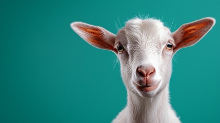 Obraz premium Charming White Goat with Playful Expression Against Vibrant Teal Background, Capturing the Essence of Farm Life and Animal Character in a Studio Setting