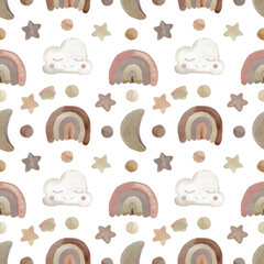 Cute seamless pattern with clouds, rainbows, and stars. Kids textile, nursery watercolor background