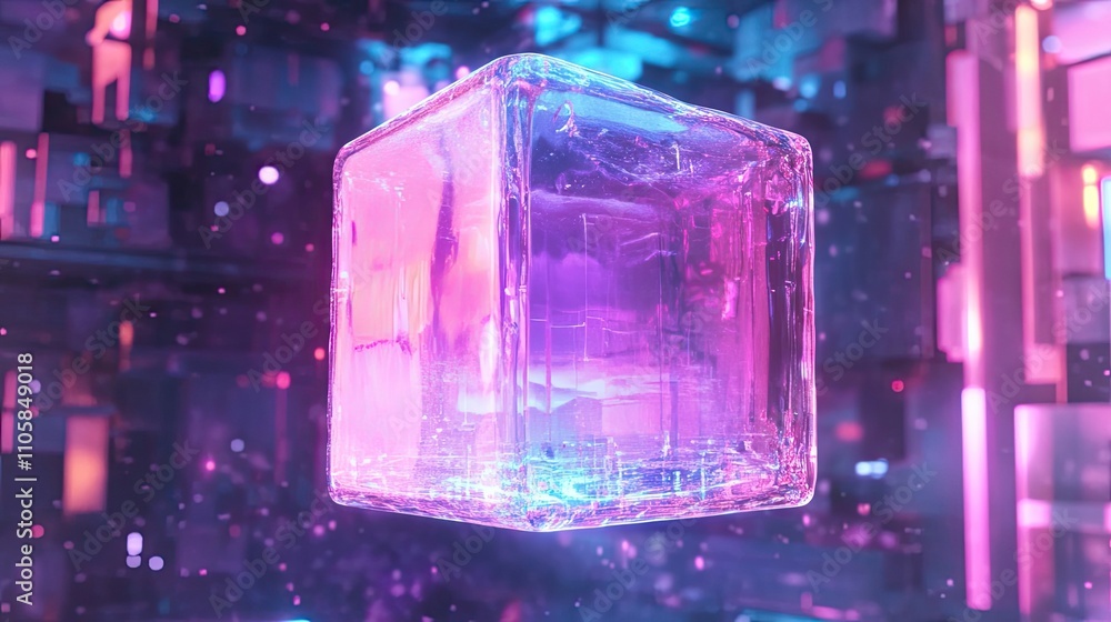 Poster illuminated crystal cube in a futuristic setting