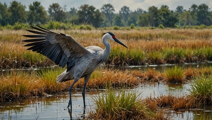 Crane bird in watercolor, near wetlands.