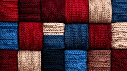 Colorful Knitted Yarn Texture Background Red Blue Beige Winter Crafts