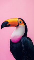Fototapeta premium A stunning close up of a toucan with a colorful beak against a soft pink backdrop, showcasing the beauty and vibrancy of tropical birds.