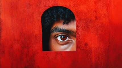 Intense gaze peering through a small window in a vibrant red wall, capturing a moment of mystery, intrigue, and human connection in a striking visual composition.