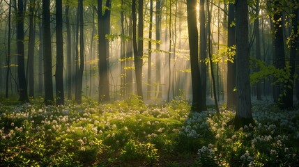 **: A quiet forest bathed in the gentle light of sunrise, with beams of sun creating a mosaic of light and shadow on the fresh spring foliage.