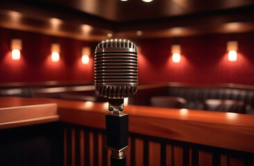 Microphone for singing in a cabaret or karaoke room. Dark club or bar hall, accent on the...