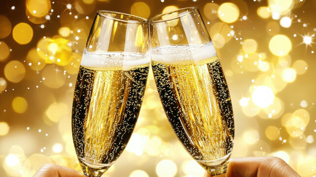 Cheers with sparkling champagne in elegant flutes, celebrating joy and togetherness. golden bubbles and festive background create warm, inviting atmosphere