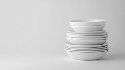 High-quality image of a stack of assorted white plates and bowls