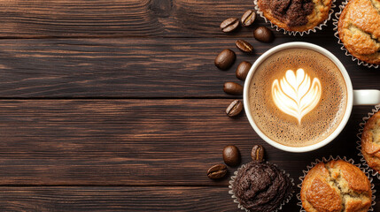 cup of cappuccino with muffins on wooden table