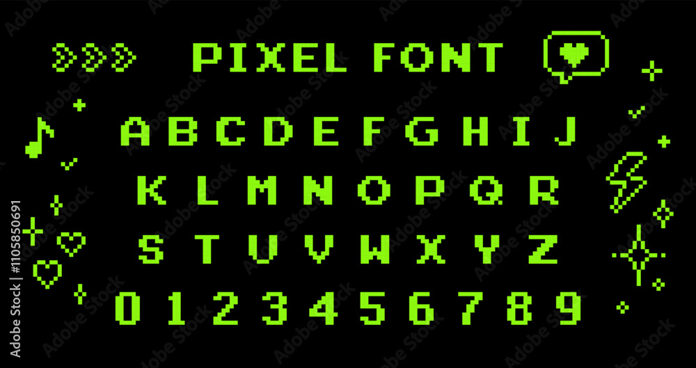 Fototapete y2k pixel font set. game abstract elements. 8 bit alphabet symbols, letters and numbers. 90's aesthe