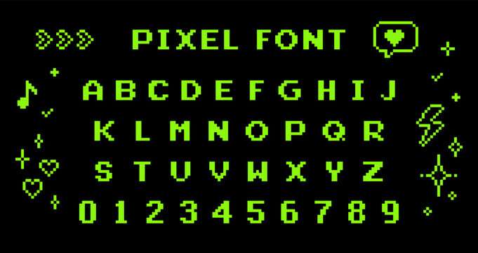 Y2k pixel font set. Game abstract elements. 8 bit alphabet symbols, letters and numbers. 90's aesthetics. Oldschool retro nostalgic typeface. Editable vector green elements on black background