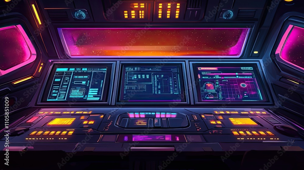 Poster futuristic spaceship control panel with starry view