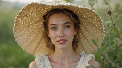 Beautiful Woman with a Rustic Hat in a Serene Meadow