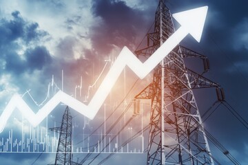 Electric grid with growing arrow up graph. Rising price of energy, sources. Growth chart pointing upwards. Pylons and transmission. Power lines, major electricity substation. High voltage towers, sky