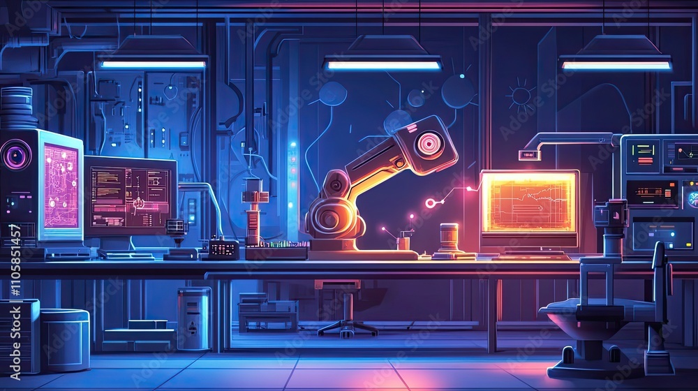 Poster futuristic laboratory scene with robotic arm and computers